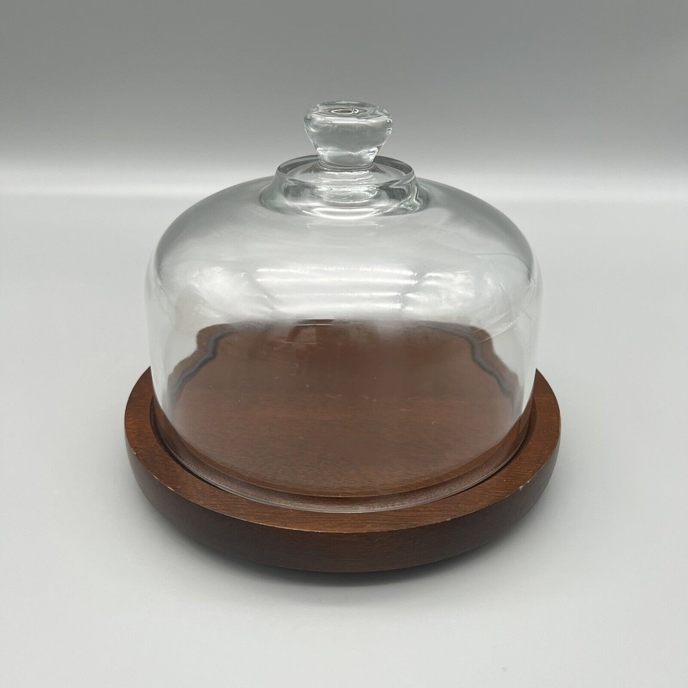 VTG Good Wood Covered Cheese Dish Plate Genuine Teak Wood Glass Dome 7.25" EUC